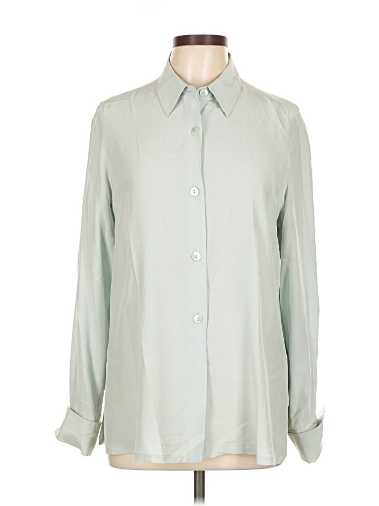 Pre-owned Kate Hill Long Sleeve Silk Top Gray Solid Pattern Collared Neckline Tops