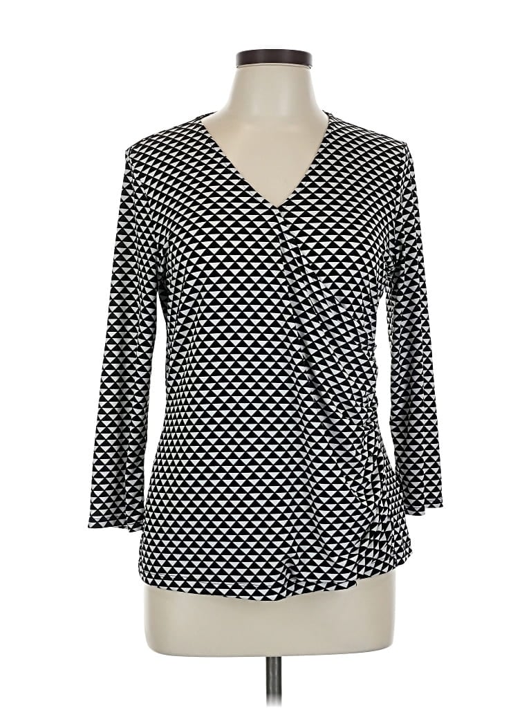 Pre-owned Liz Claiborne 3/4 Sleeve Top Black Polka Dots Pattern V Neck Tops