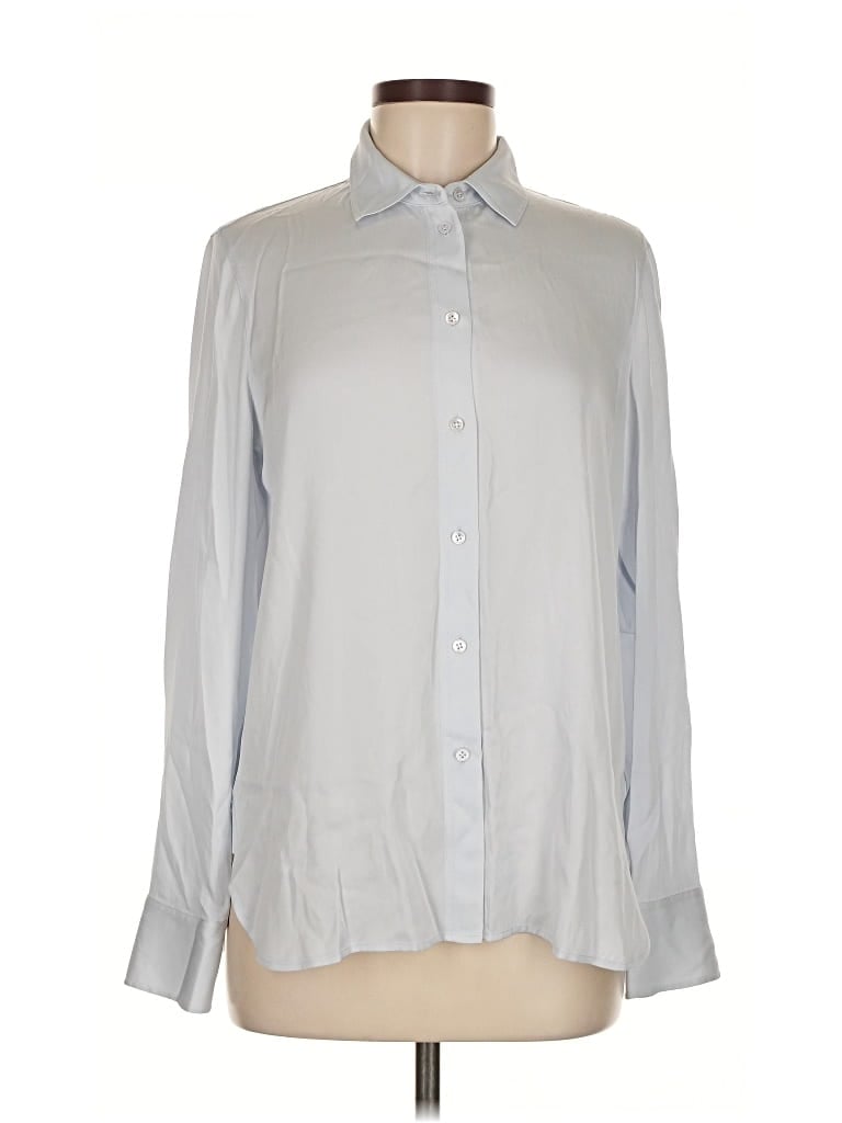 Pre-owned Vince Long Sleeve Silk Top Gray Solid Pattern Mock Neckline Tops