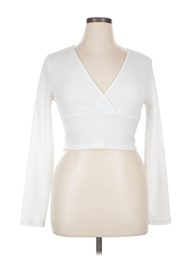 Pre-owned Cider Long Sleeve Top White Plunge Neckline Tops