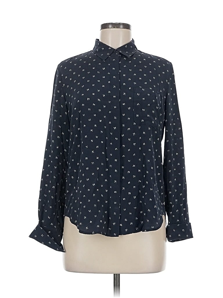 Pre-owned Vince Long Sleeve Silk Top Blue Polka Dots Pattern Mock Neckline Tops