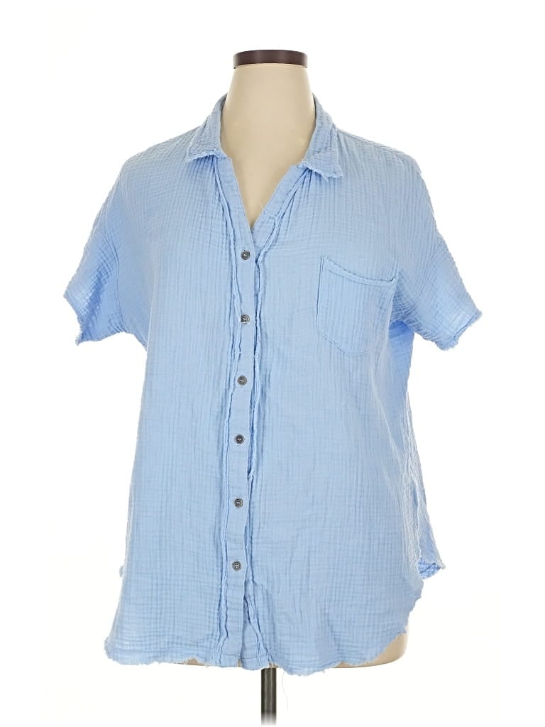 Pre-owned Zenana Short Sleeve Button Down Shirt In Blue