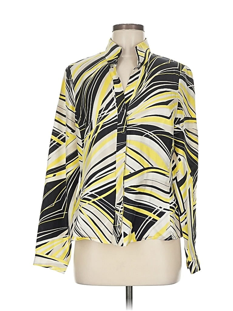 Pre-owned Carlisle Long Sleeve Silk Top Yellow Print Pattern Tie Neck Tops