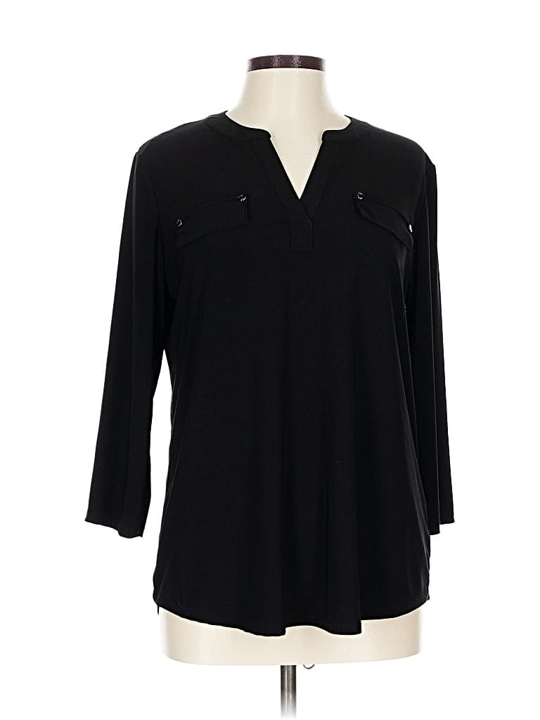 Pre-owned Jones New York Signature 3/4 Sleeve Top Black Keyhole Neckline Tops