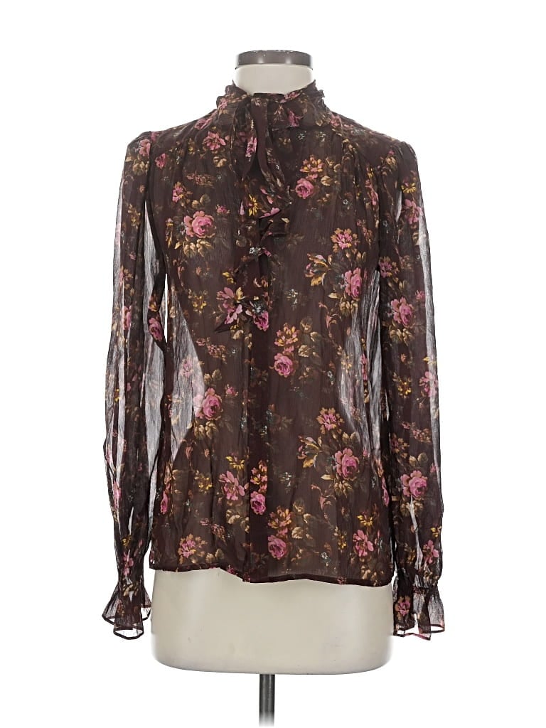Pre-owned Paige Long Sleeve Silk Top Brown Floral Pattern Tie Neck Tops