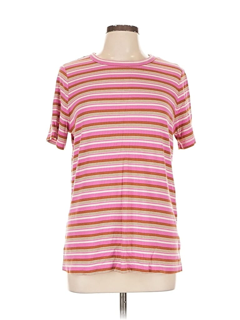 Pre-owned Ava & Viv Short Sleeve Top Pink Stripes Pattern Crew Neck Tops