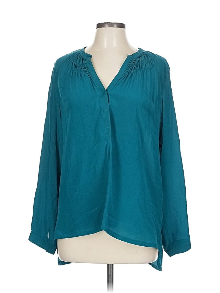 Pre-owned Rebecca Taylor Long Sleeve Silk Top Teal Open Neckline Tops In Blue