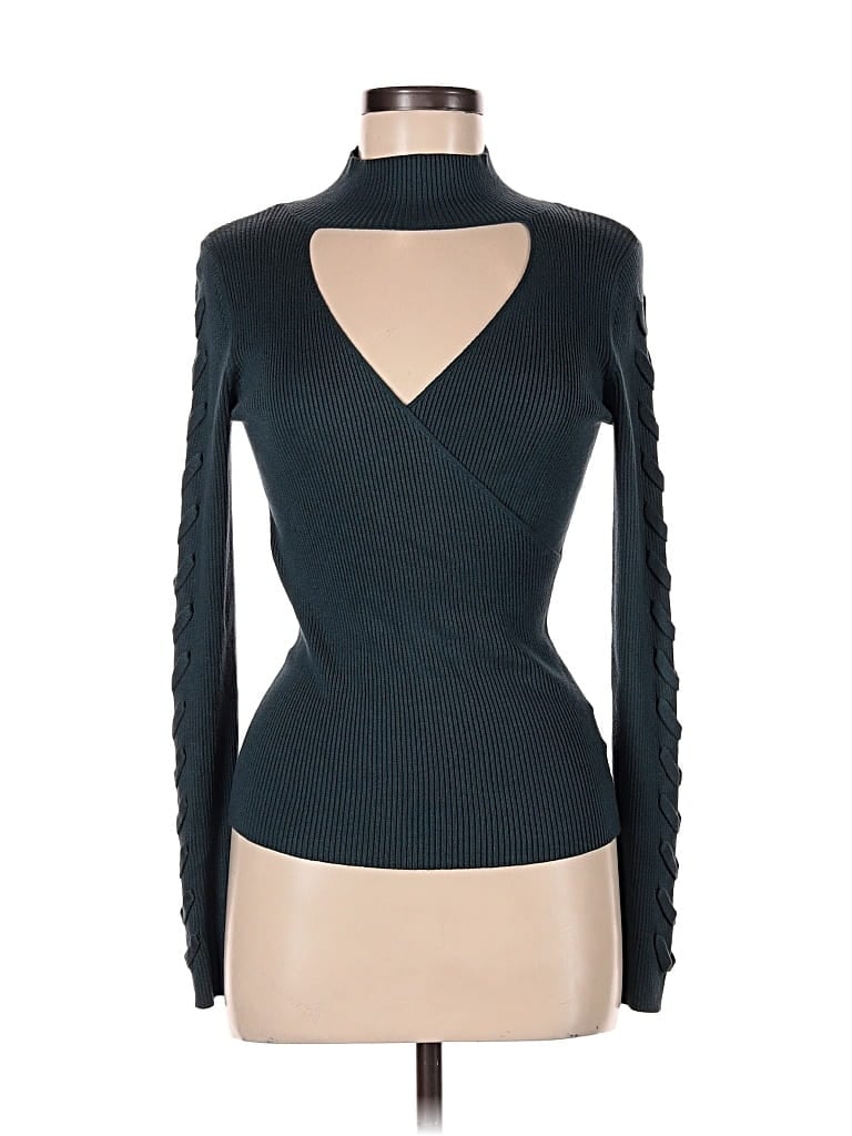 Pre-owned Hippie Rose Long Sleeve Top Teal Turtleneck Tops In Blue