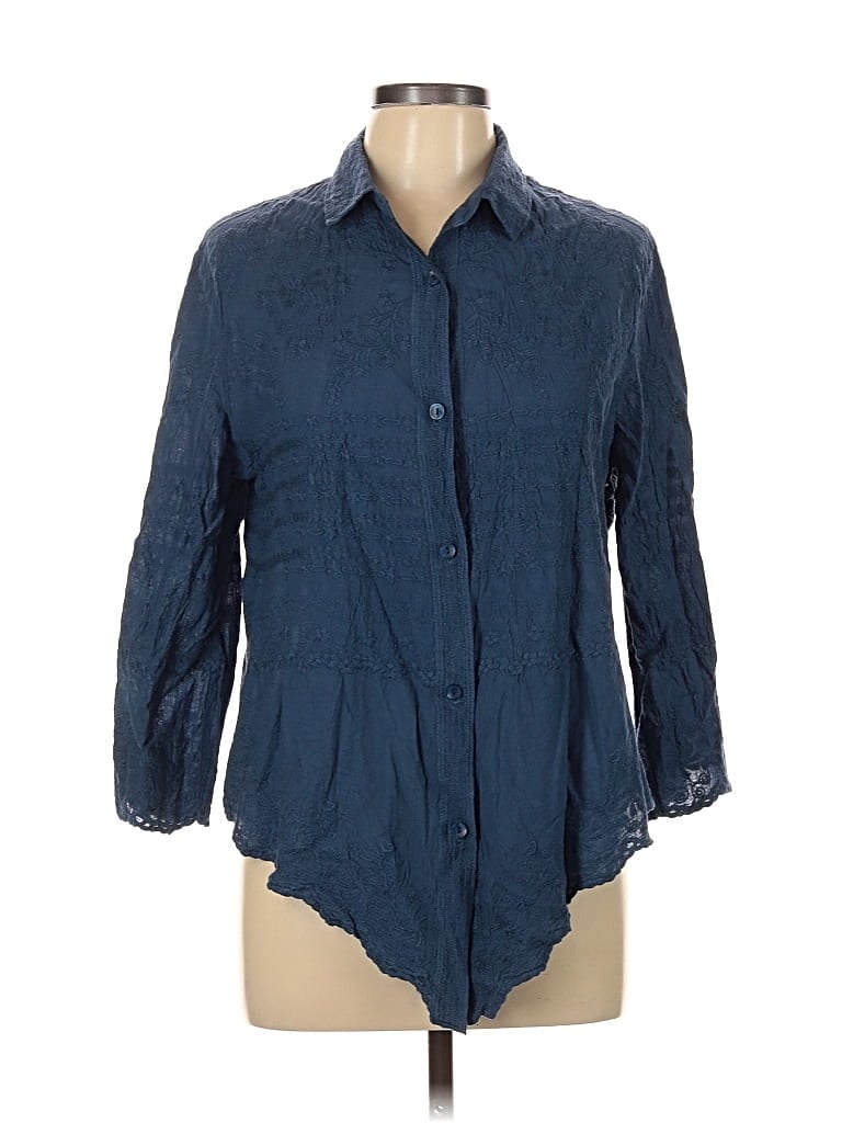 Solitaire 3/4 Sleeve Button Down Shirt In Blue