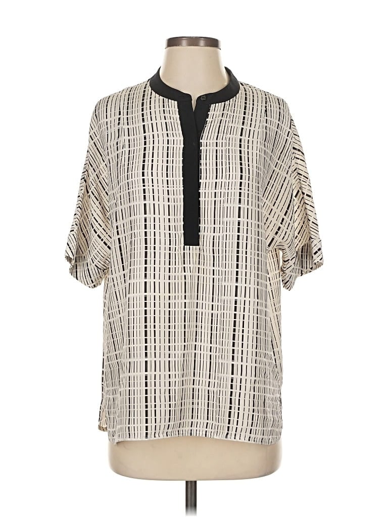 Pre-owned Vince Short Sleeve Silk Top Ivory Keyhole Neckline Tops In White