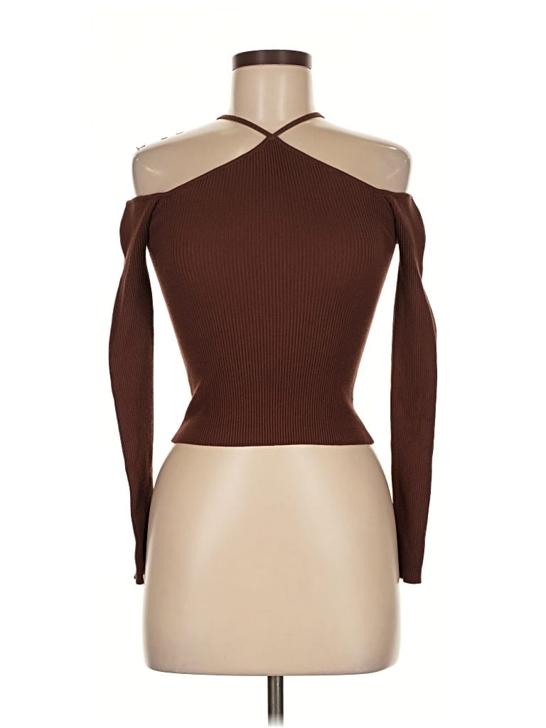 Pre-owned Dissh Long Sleeve Top Brown Cold Shoulder Neckline Tops
