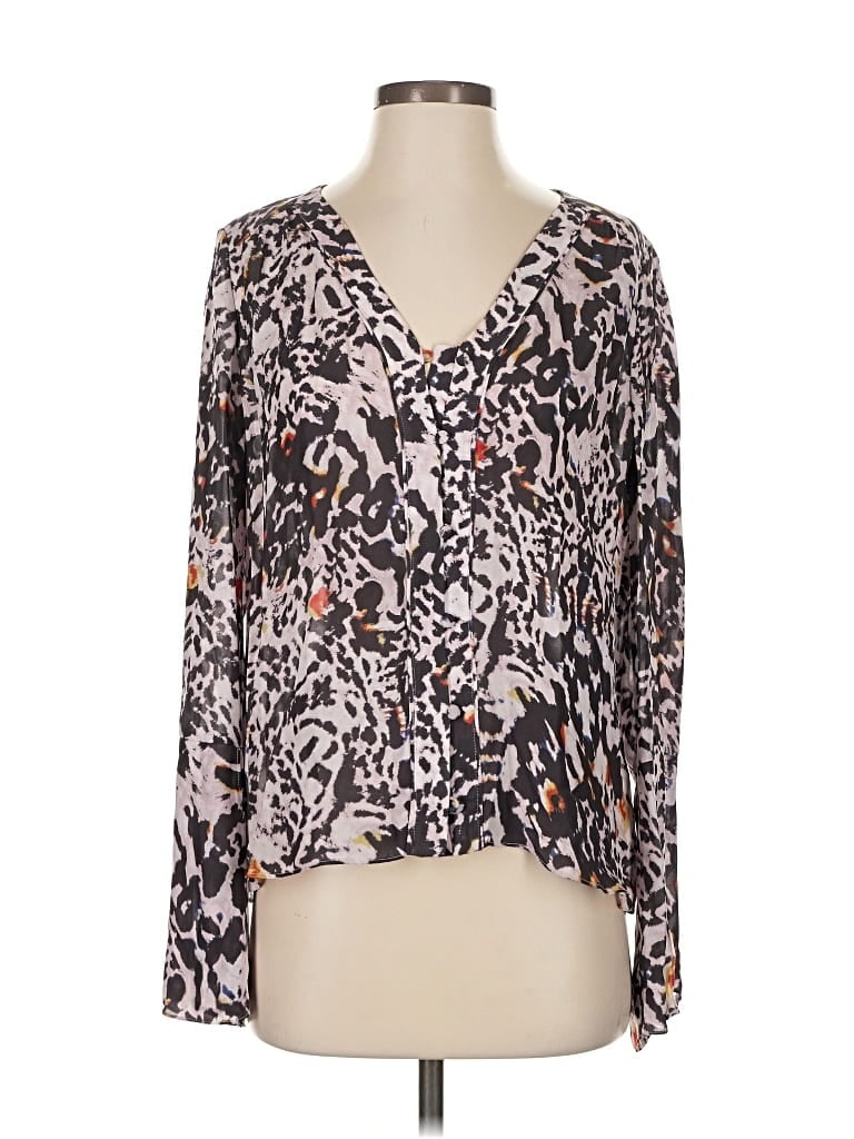 Pre-owned Parker Long Sleeve Silk Top Gray Plunge Neckline Tops