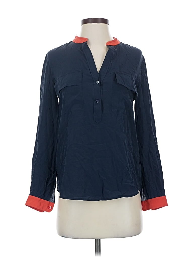 Pre-owned Vince Long Sleeve Silk Top Blue Color Block Pattern Collared Neckline Tops