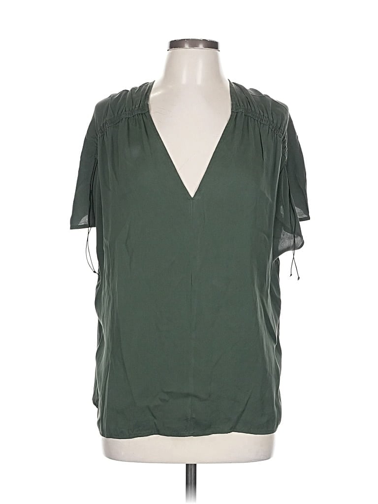 Pre-owned Vince Short Sleeve Silk Top Green Plunge Neckline Tops