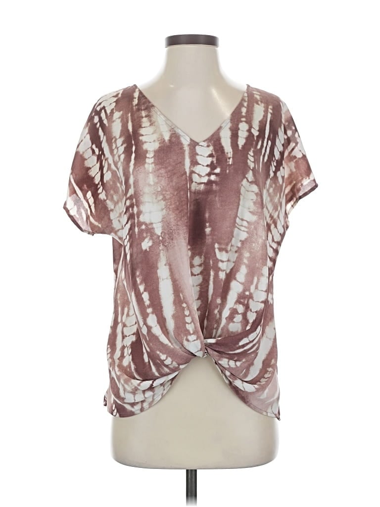 Pre-owned West Kei Short Sleeve Top Brown Tie-dye Pattern Plunge Neckline Tops
