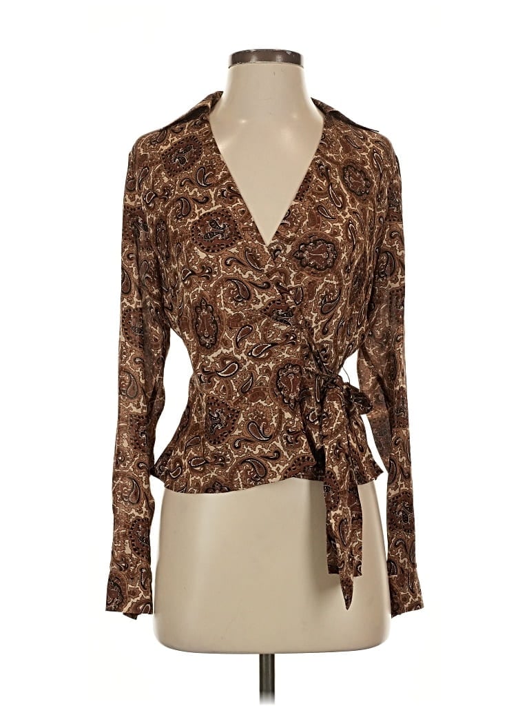 Pre-owned Michael Michael Kors Long Sleeve Silk Top Brown Plunge Neckline Tops