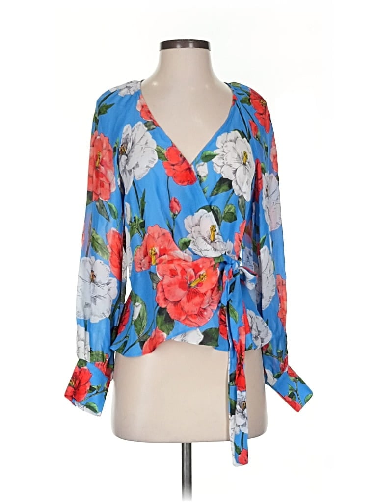 Pre-owned Parker 3/4 Sleeve Silk Top Blue Plunge Neckline Tops