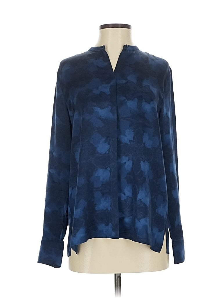 Pre-owned Vince Long Sleeve Silk Top Blue Mock Neckline Tops