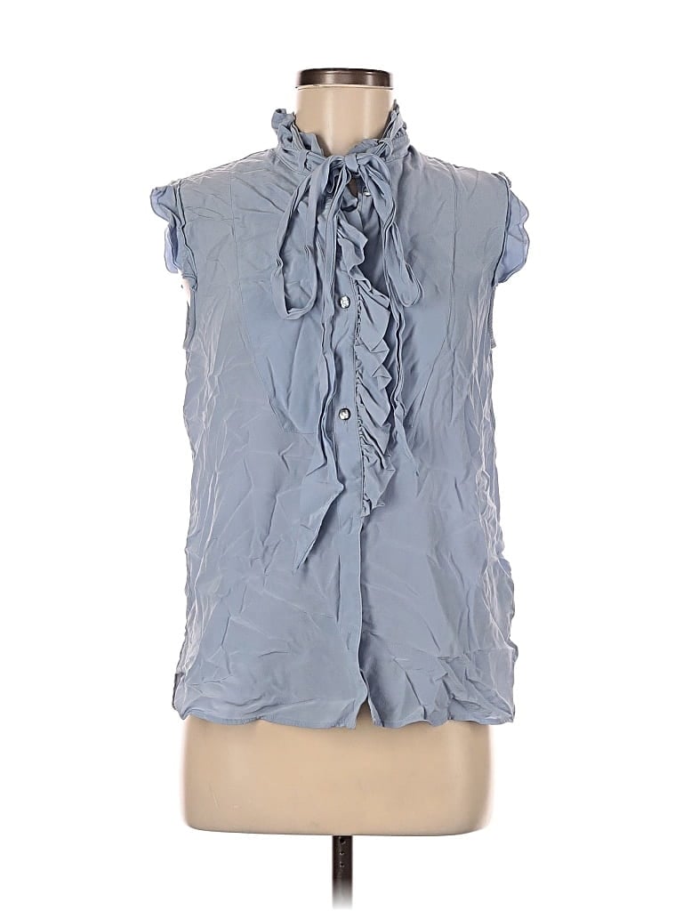 Pre-owned Coach Sleeveless Silk Top Blue Tie Neck Tops