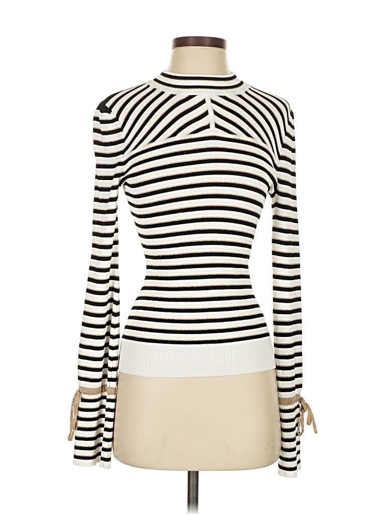 Pre-owned Intermix Long Sleeve Top Ivory Stripes Pattern Mock Neckline Tops In White