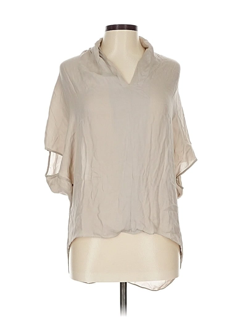 Pre-owned Vince Short Sleeve Silk Top Tan Cowl Neck Tops In Brown