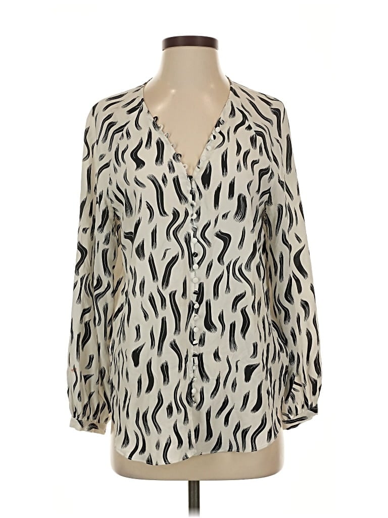 Pre-owned Joie Long Sleeve Silk Top Ivory Animal Print Pattern Plunge Neckline Tops In White