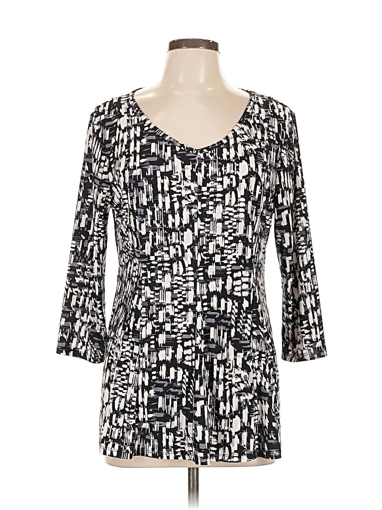 Pre-owned Roz & Ali 3/4 Sleeve Top Black Aztec Or Tribal Print Pattern V-neck Tops