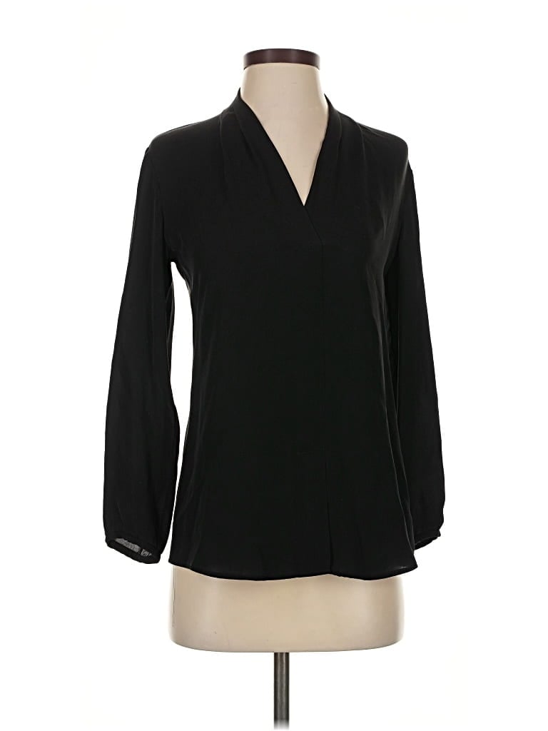 Pre-owned Theory Long Sleeve Silk Top Black Plunge Neckline Tops