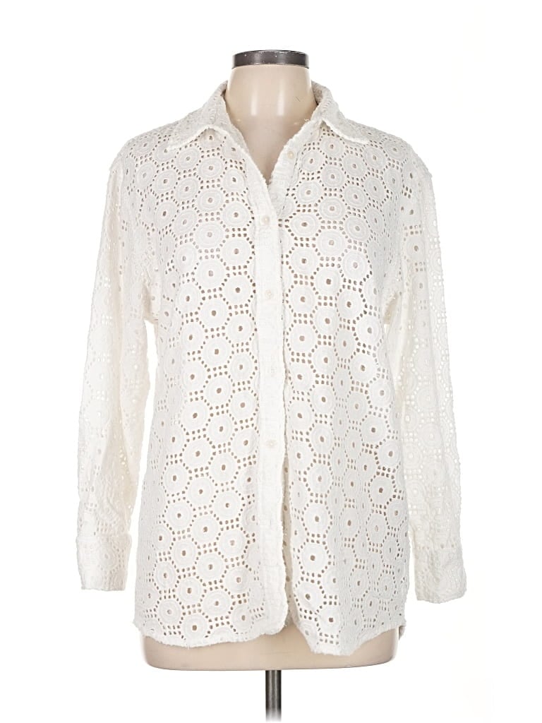 Pre-owned Solid & Striped Long Sleeve Blouse In White