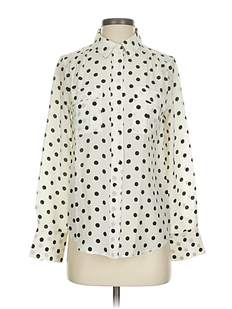 Pre-owned J.crew Factory Store Long Sleeve Silk Top Ivory Polka Dots Pattern High Neck Tops In White