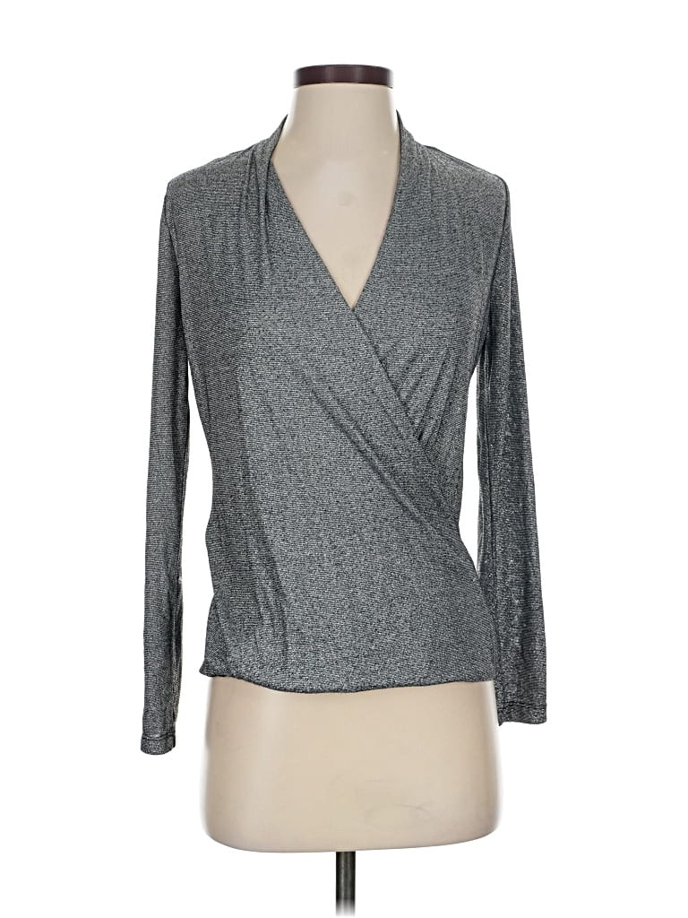 Pre-owned Nine West Long Sleeve Top Gray Plunge Neckline Tops