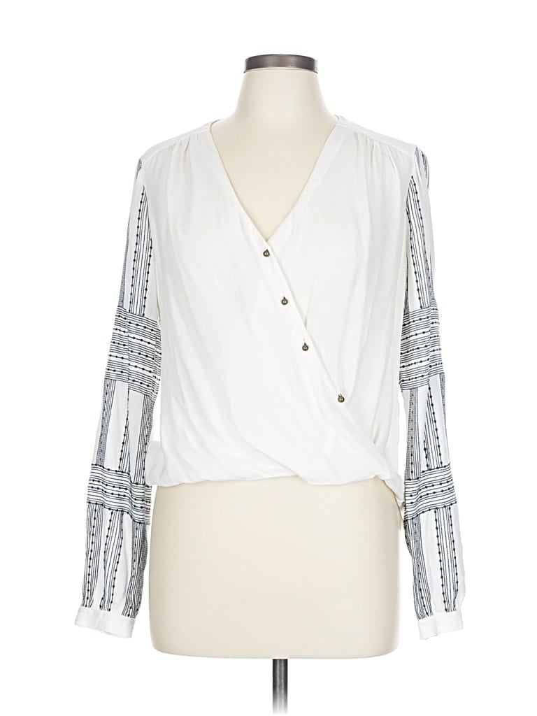 Pre-owned Veronica Beard Long Sleeve Silk Top White Plunge Neckline Tops