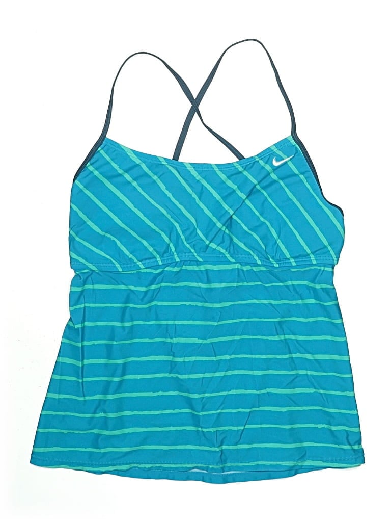 Pre-owned Nike Swimsuit Top Teal Stripes Pattern Swimwear In Blue