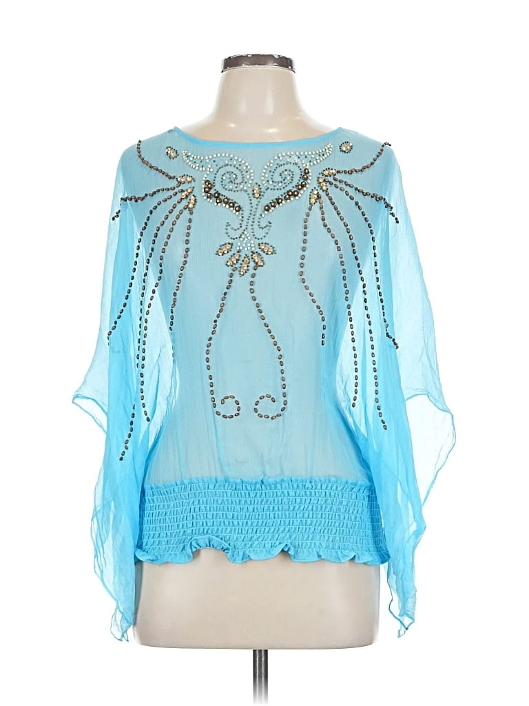 Pre-owned Boston Proper 3/4 Sleeve Silk Top Blue Keyhole Neckline Tops