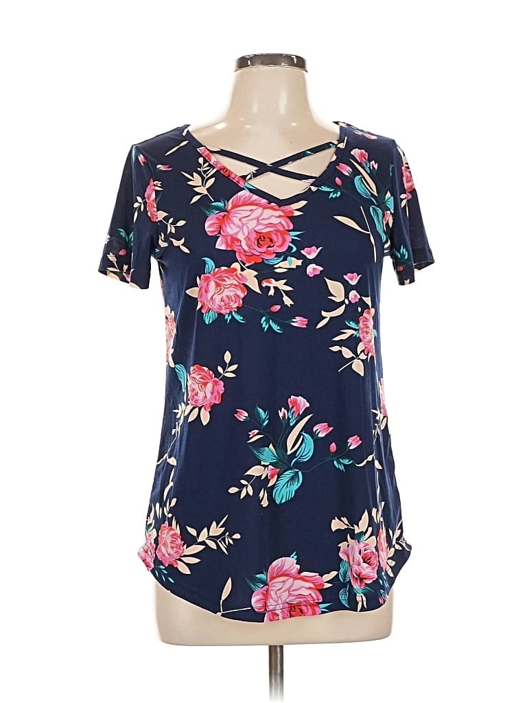 Pre-owned Tickled Teal Short Sleeve Top Blue Floral Pattern Keyhole Neckline Tops