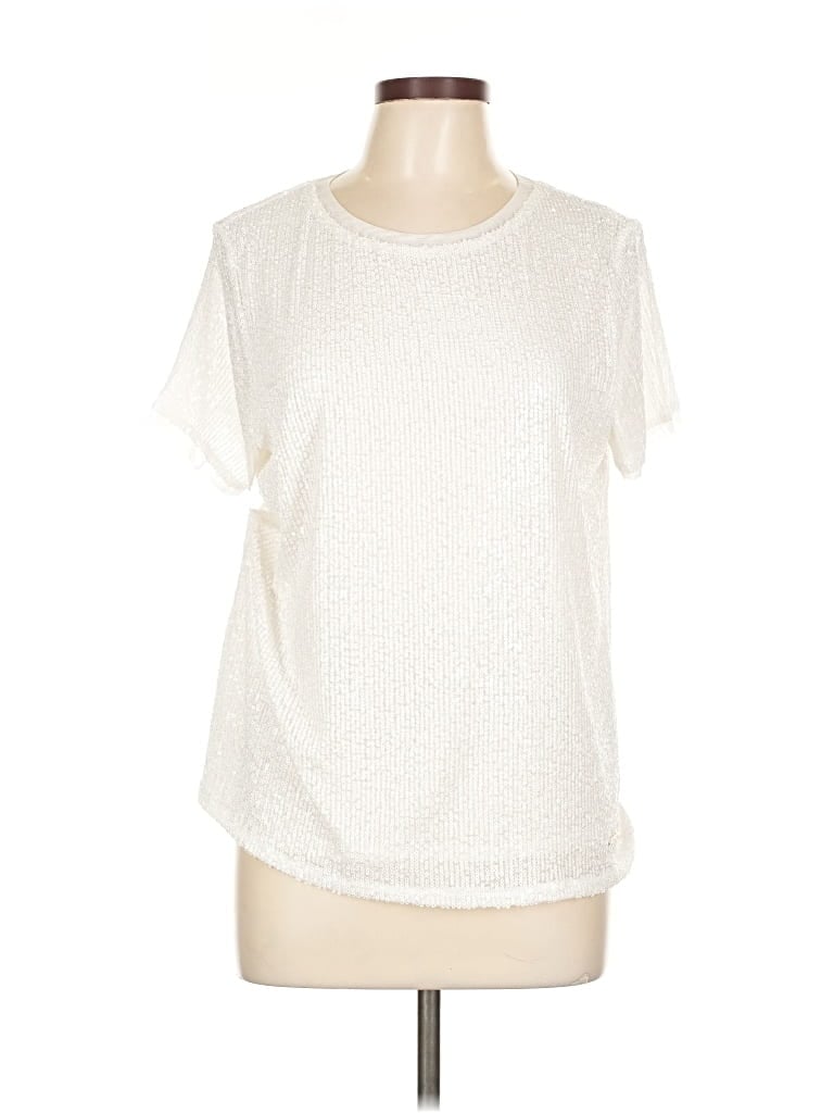 Pre-owned Anne Klein Short Sleeve Top Ivory Solid Pattern Crew Neck Tops In White