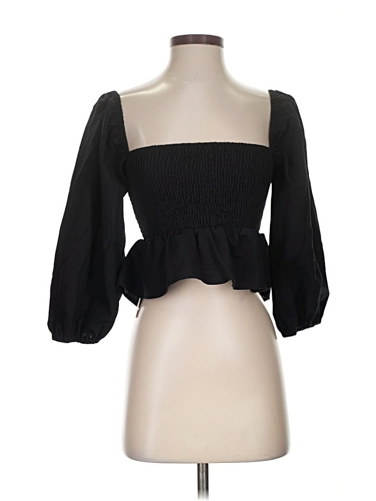 Pre-owned Commense 3/4 Sleeve Top Black Solid Pattern Sweetheart Neckline Tops