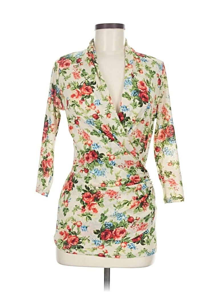 Pre-owned Karen Kane 3/4 Sleeve Top Green Plunge Neckline Tops