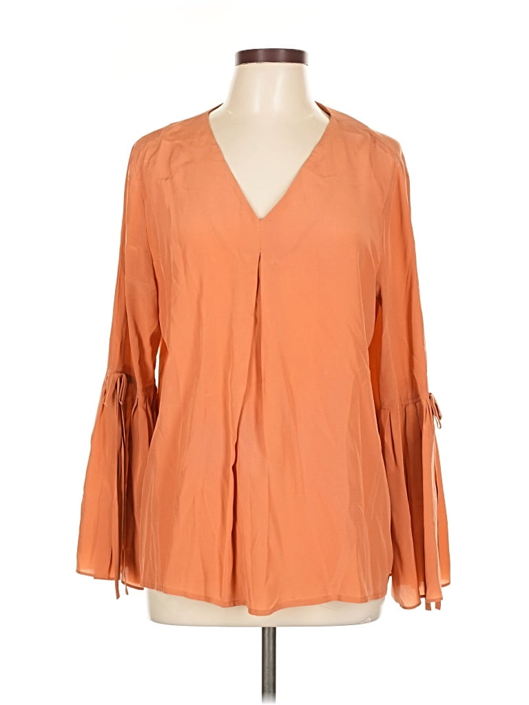 Pre-owned Antonio Melani Long Sleeve Silk Top Orange Plunge Neckline Tops