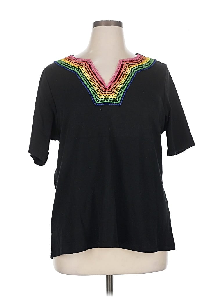 Pre-owned Isaac Mizrahi Live Short Sleeve Top Black V Neck Tops