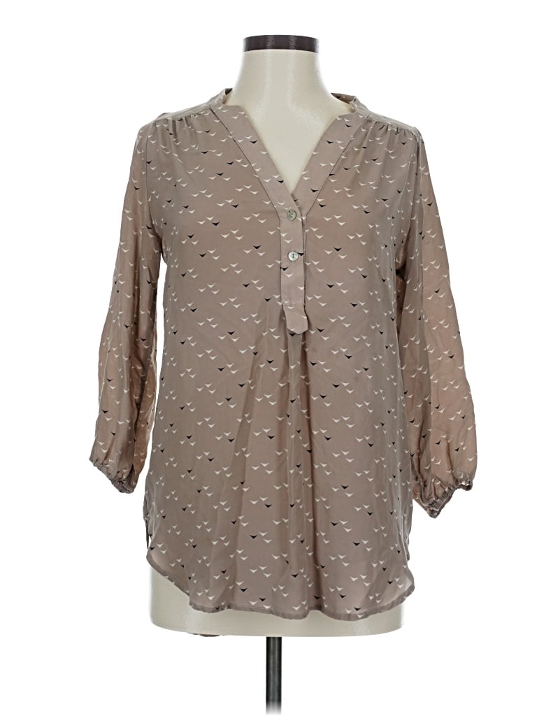 Pre-owned Amour Vert 3/4 Sleeve Silk Top Brown Keyhole Neckline Tops