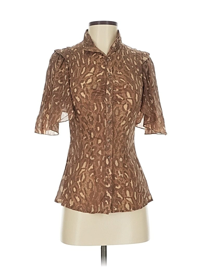 Pre-owned Bcbgmaxazria Short Sleeve Silk Top Brown Animal Print Pattern High Neck Tops