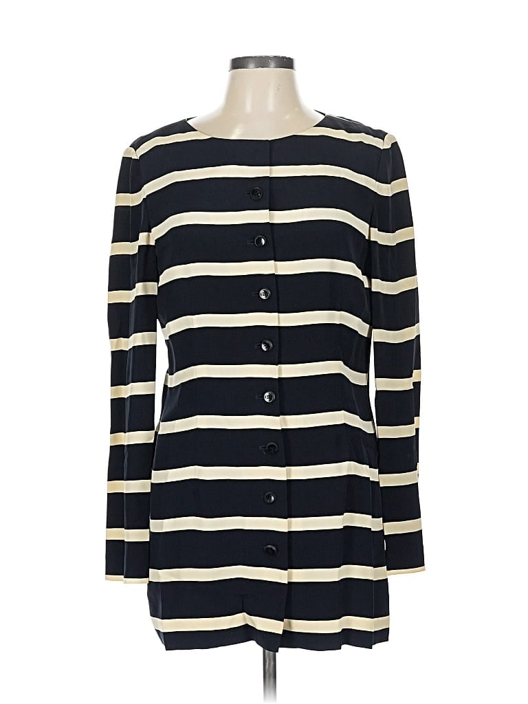 Pre-owned Dana Buchman Long Sleeve Silk Top Black Stripes Pattern Square Neckline Tops