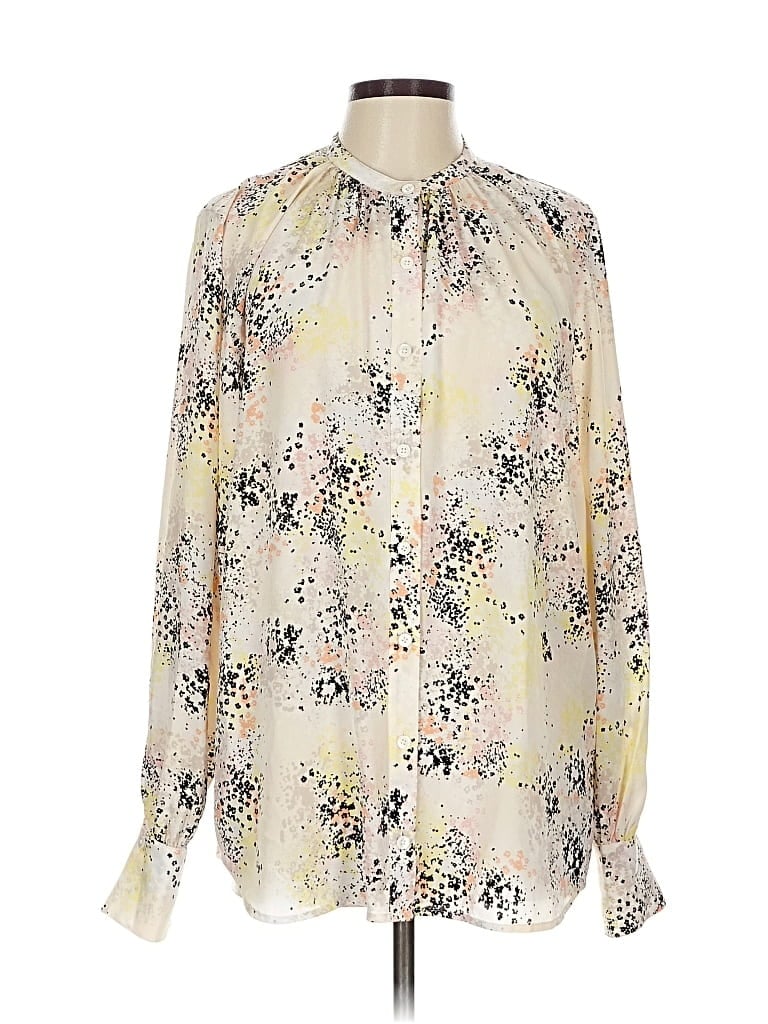 Pre-owned Equipment Long Sleeve Silk Top Ivory Floral Pattern Tie Neck Tops In White