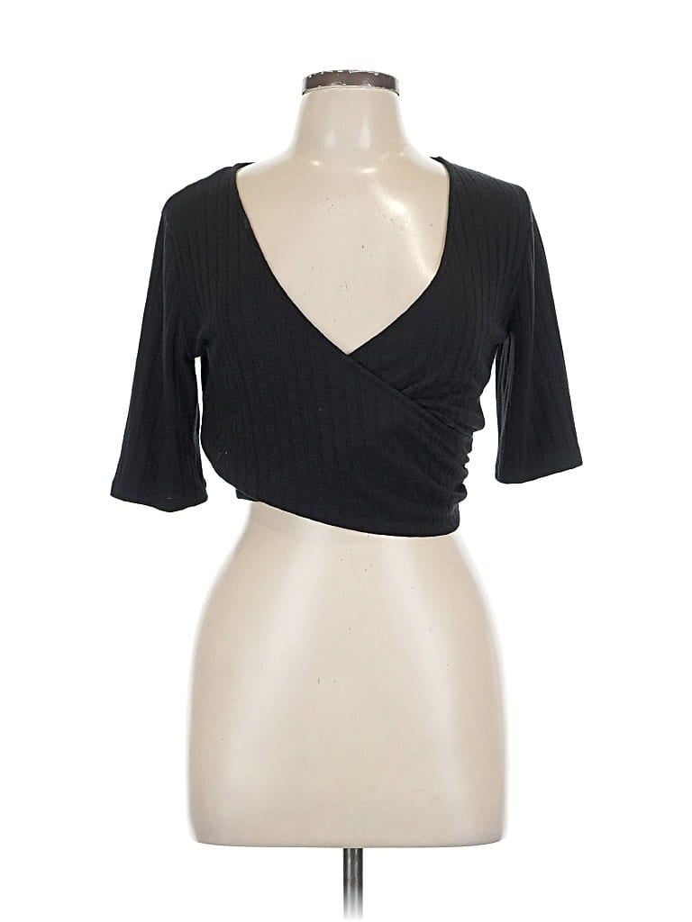 Pre-owned Express One Eleven Short Sleeve Top Black Plunge Neckline Tops