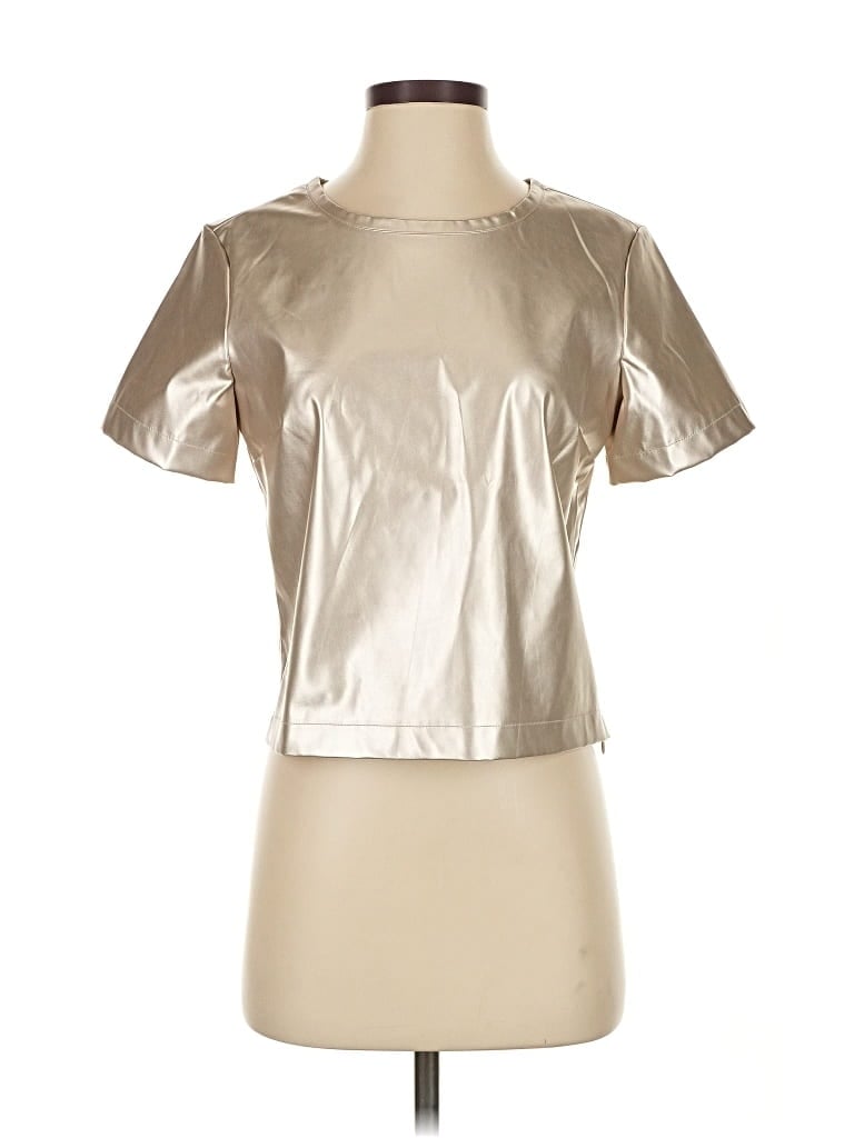 Pre-owned Porridge Short Sleeve Top Silver Metallic Pattern Keyhole Neckline Tops