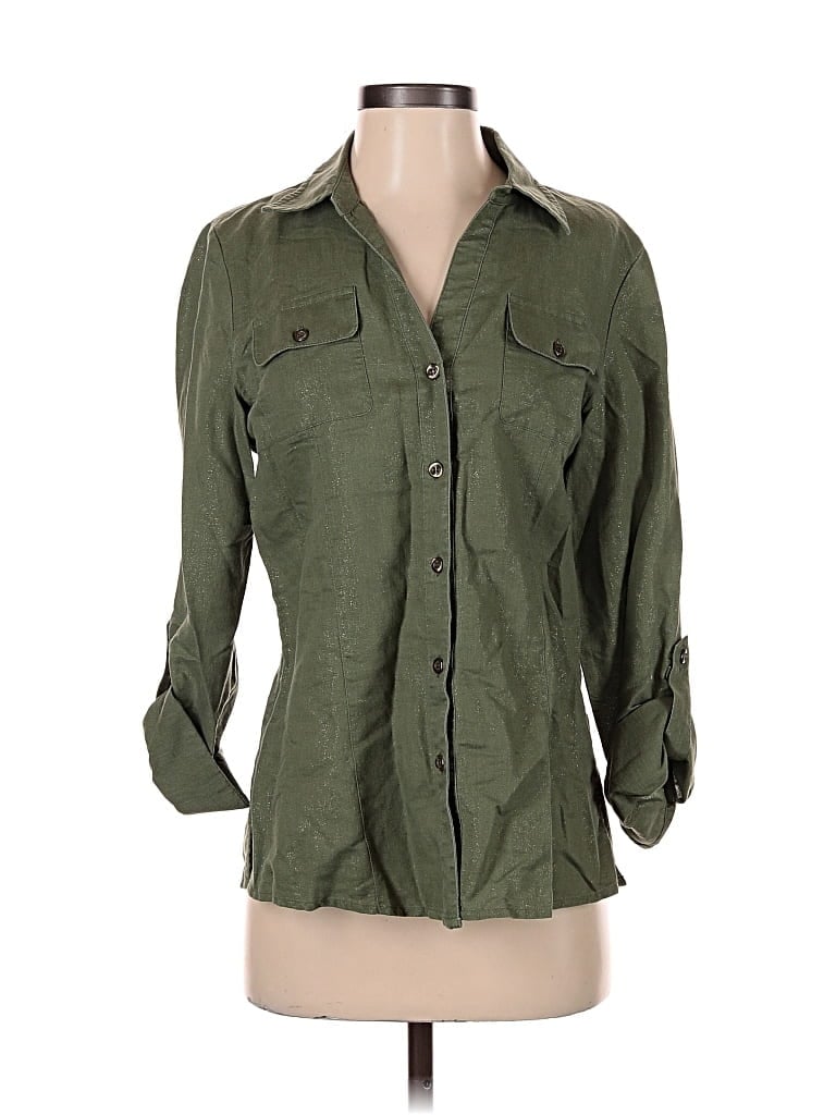 Pre-owned Amber Sun 3/4 Sleeve Button Down Shirt In Green