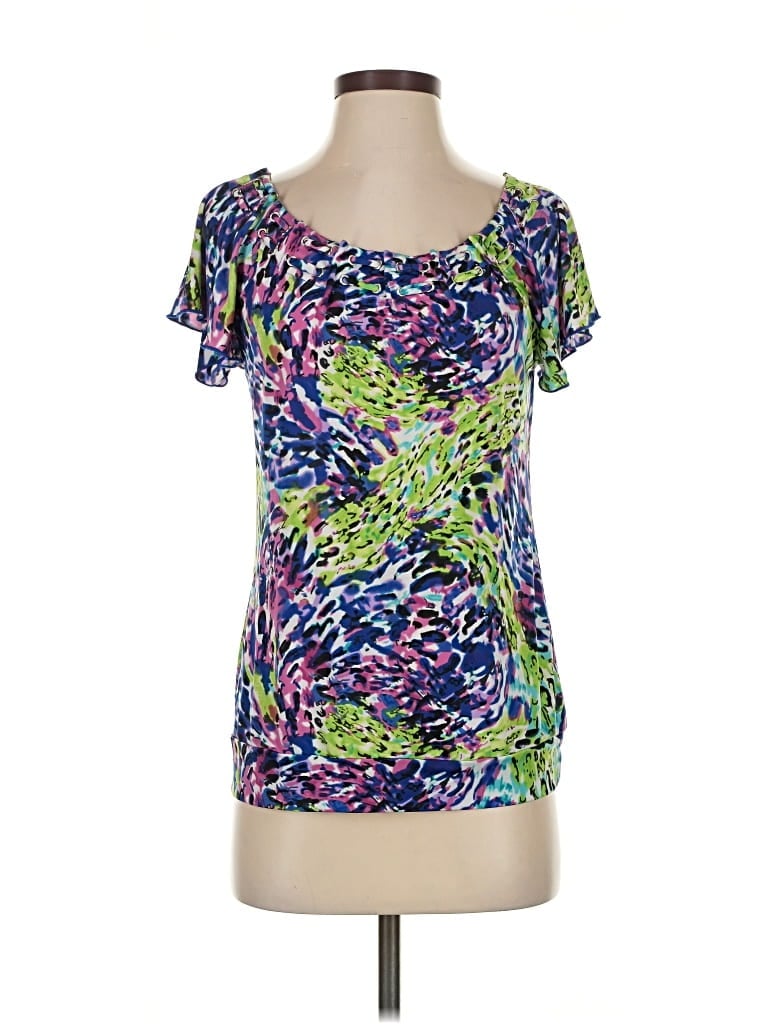 Pre-owned Essentials By Milano Short Sleeve Top Blue Scoop Neck Tops