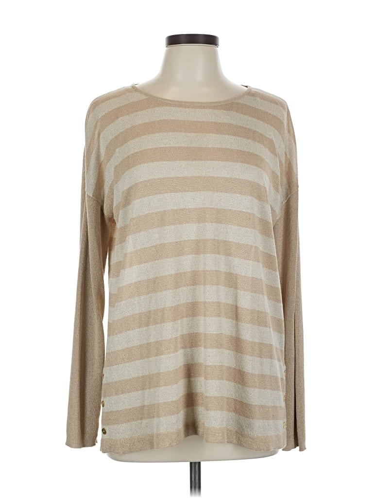 Pre-owned Dana Buchman Long Sleeve Top Tan Boatneck Tops In Brown