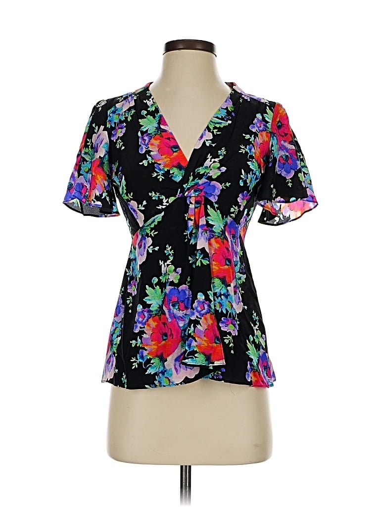 Pre-owned Nanette Lepore Short Sleeve Silk Top Black Sweetheart Neckline Tops